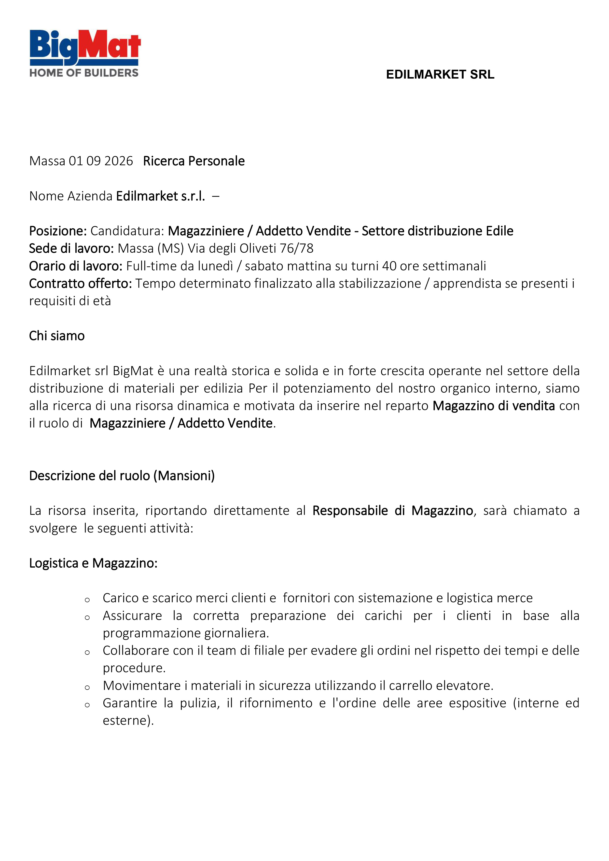 Magazziniere Addetto Vendite